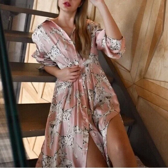 Zara Dresses Nwt Zara Dalmatian Print Pink Satin Button Down - Main Image